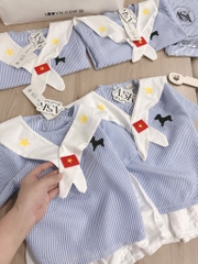 SET ĐŨI ÁO KẺ XANH QUẦN ĐÙI KÈM KHĂN BÉ TRAI