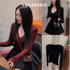 ÁO CỔ TIM BASIC MÀU ĐỎ ĐEN DÀI TAY NỮ THU ĐÔNG SẴN