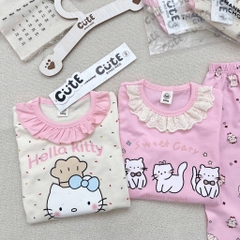 SÉT 2 BỘ COTTON DÀI TAY MÈO KITTY BE HỒNG CHO BÉ GÁI