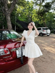 VÁY CHẤM BI XẾP LI CỔ TIM TAY BỒNG 2 LỚP NỮ