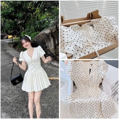 VÁY CHẤM BI XẾP LI CỔ TIM TAY BỒNG 2 LỚP NỮ