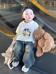 SET 2 ÁO DÀI PHỐI TAY KẺ MICKEY WHERE'S GOOFY TRẮNG THAN BÉ TRAI