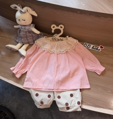 SET BỘ DÀI ÁO BABYDOLL PHỐI REN MIX QUẦN CHẤM BI BÉ GÁI (XẢ 50k)
