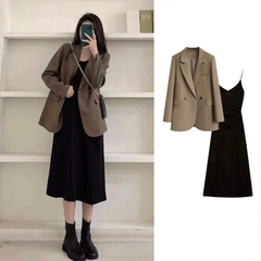 SET BLAZER PHỐI VÁY MIDI 2 DÂY NỮ THU ĐÔNG SẴN