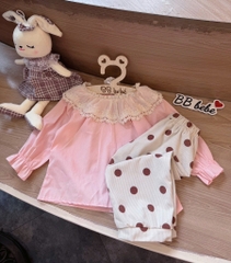 SET BỘ DÀI ÁO BABYDOLL PHỐI REN MIX QUẦN CHẤM BI BÉ GÁI (XẢ 50k)