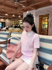 ÁO LEN DỆT KIM MÀU HỒNG CỔ TRÒN THÊU NGỰA NỮ THU ĐÔNG SẴN