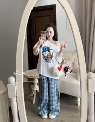 SET BỘ ÁO TRẮNG MÈO QUẦN KẺ XANH NỮ (SALE 105K)