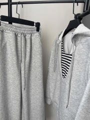 SET BỘ XÁM ÁO HOODY CỔ PHỐI KẺ NỮ THU ĐÔNG SẴN