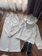 SET BỘ XÁM ÁO HOODY CỔ PHỐI KẺ NỮ THU ĐÔNG SẴN