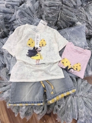 SET BỘ ÁO HOẠ TIẾT CÔ GÁI KÈM QUẦN JEAN PHỐI KẺ CARO NỮ(XẢ99k)