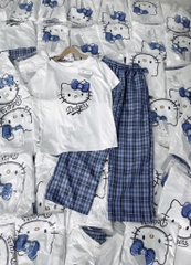 SET BỘ ÁO TRẮNG MÈO QUẦN KẺ XANH NỮ (SALE 105K)