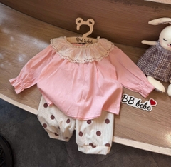 SET BỘ DÀI ÁO BABYDOLL PHỐI REN MIX QUẦN CHẤM BI BÉ GÁI (XẢ 50k)