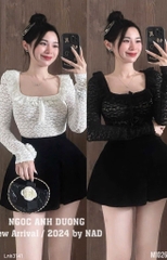 SET BỘ ÁO REN CỔ VUÔNG ĐÍNH NGỌC MIX CHÂN VÁY SẴN