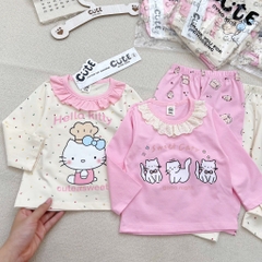 SÉT 2 BỘ COTTON DÀI TAY MÈO KITTY BE HỒNG CHO BÉ GÁI