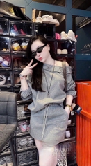 SET MÌ NỈ CHÂN VÁY ÁO PHỐI KẺ CHÉO VAI NỮ THU ĐÔNG SẴN (SALE 139k)