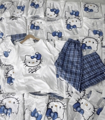 SET BỘ ÁO TRẮNG MÈO QUẦN KẺ XANH NỮ (SALE 105K)