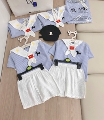 SET ĐŨI ÁO KẺ XANH QUẦN ĐÙI KÈM KHĂN BÉ TRAI