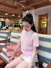ÁO LEN DỆT KIM MÀU HỒNG CỔ TRÒN THÊU NGỰA NỮ THU ĐÔNG SẴN