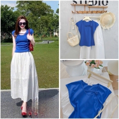 SET ÁO XANH HOA TẾT MIX CV HAI LỚP NỮ