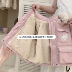 ÁO KHOÁC DÀI HỒNG MŨ LÓT LÔNG SIÊU XINH BÉ GÁI