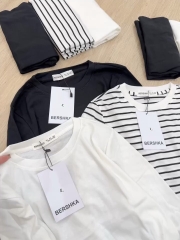SET 3 ÁO THUN ZIP BSKK ĐEN KẺ TRẮNG NỮ THU ĐÔNG