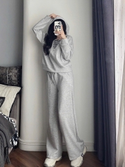 SET BỘ XÁM ÁO HOODY CỔ PHỐI KẺ NỮ THU ĐÔNG SẴN