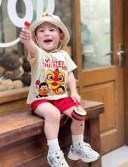 SÉT CỘC BE VUI TẾT TRUNG THU QUẦN ĐỎ KÈM MŨ LÂN BÉ TRAI