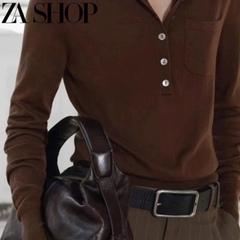 ÁO LEN CỔ POLO DÀI TAY NÂU SOCOLA NỮ THU ĐÔNG