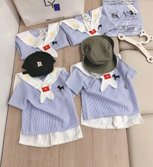 SET ĐŨI ÁO KẺ XANH QUẦN ĐÙI KÈM KHĂN BÉ TRAI