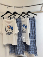 SET BỘ ÁO TRẮNG MÈO QUẦN KẺ XANH NỮ (SALE 105K)