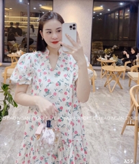 VÁY HOA CỔ V CHẠY DÂY CỔ V 2 LỚP HỒNG NỮ SẴN