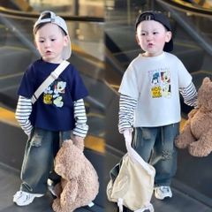 SET 2 ÁO DÀI PHỐI TAY KẺ MICKEY WHERE'S GOOFY TRẮNG THAN BÉ TRAI