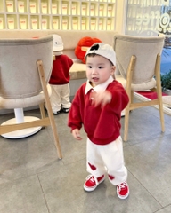 SET BỘ DÀI ÁO POLO ĐỎ PHỐI CỔ TRẮNG QUẦN NỈ TRẮNG BÉ TRAI BÉ GÁI