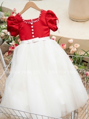 Váy Công Chúa Cao Cấp Cổ U Tay Bồng Màu Trắng Đỏ Nổi Bật Cho Bé Gái