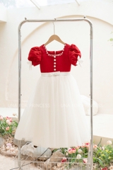 Váy Công Chúa Cao Cấp Cổ U Tay Bồng Màu Trắng Đỏ Nổi Bật Cho Bé Gái