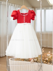 Váy Công Chúa Cao Cấp Cổ U Tay Bồng Màu Trắng Đỏ Nổi Bật Cho Bé Gái