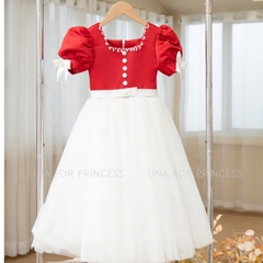 Váy Công Chúa Cao Cấp Cổ U Tay Bồng Màu Trắng Đỏ Nổi Bật Cho Bé Gái