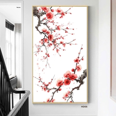 Tranh Thủy Mặc Cành Hoa Đào Đỏ Rực Nở | HD05