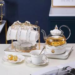 Bộ ấm trà cafe kèm đế đun nến bằng gốm sứ cao cấp phong cách Châu Âu