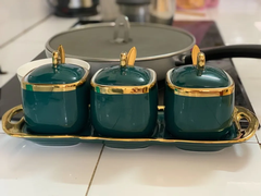 Bộ Bộ 3 Hũ Đựng Gia Vị Sứ Màu Xanh Trắng Tráng Men Cao Cấp