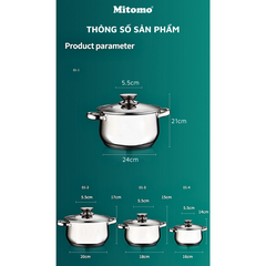 Bộ nồi inox 6 món cao cấp Mitomo Kaisa Villa KV001 Nắp Trắng - Đáy 5 Lớp Nguyên Khối