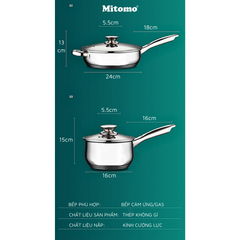 Bộ nồi inox 6 món cao cấp Mitomo Kaisa Villa KV001 Nắp Trắng - Đáy 5 Lớp Nguyên Khối