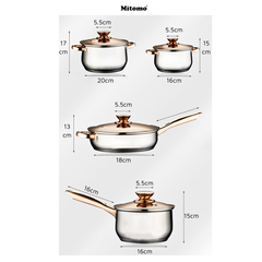 Bộ nồi inox 6 món cao cấp Mitomo Kaisa Villa KV001 Nắp Trắng - Đáy 5 Lớp Nguyên Khối