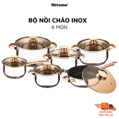 Bộ nồi inox 6 món cao cấp Mitomo Kaisa Villa KV001 Nắp Trắng - Đáy 5 Lớp Nguyên Khối