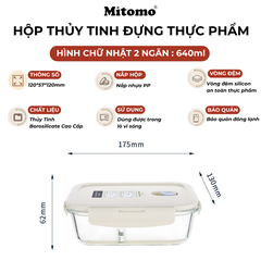 Bộ 3 Hộp Thuỷ Tinh Hình Chữ Nhật 2 Ngăn Đựng Phực Phẩm  Mitomo
