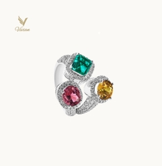Nhẫn vàng trắng 18K gắn viên Emerald, Sapphire và Spinel thiên nhiên, và kim cương thiên nhiên