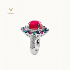 Nhẫn vàng trắng 18K gắn viên chủ Ruby sao, viên phụ Sapphire, Ruby Facet, Emerald, và kim cương thiên nhiên