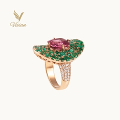 Emerald Lotus - Nhẫn vàng hồng gắn Emerald tấm, viên chủ Spinel và kim cương thiên nhiên