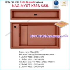 Chậu âm mặt đá bằng đá granite màu cá hồi 1 hộc Malloca KAG-MYST-K83S-K83L