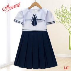 Đầm liền đồng phục cho bé gái đi học, tùng xếp ly và tùng xéo, có dây thắt lưng và khóa kéo
